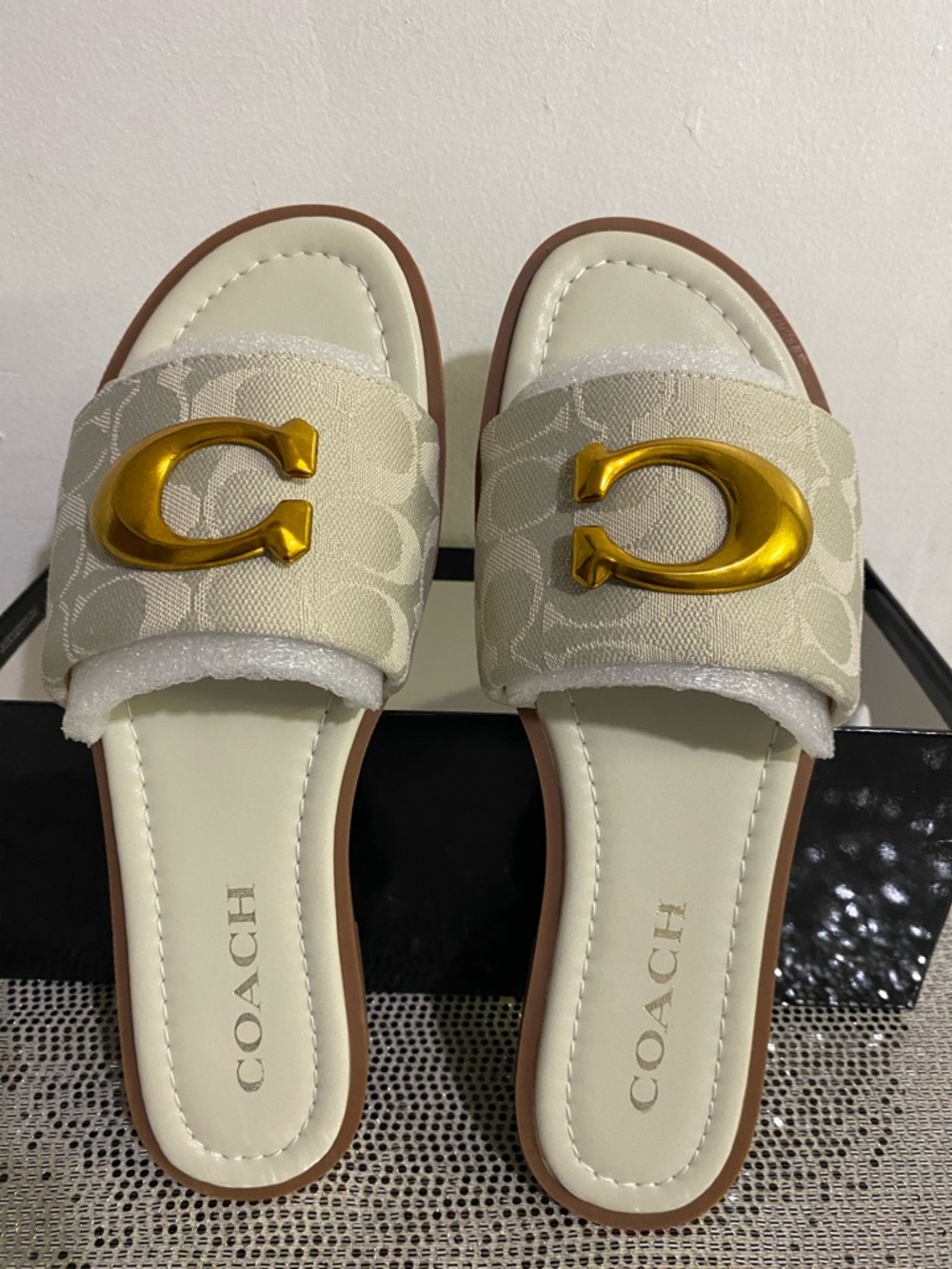 Coach Cream Signature Slide Mules with Gold 'C' Accent